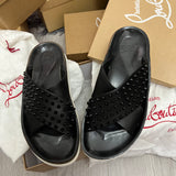 Authentic Christian Louboutin Black Habib Leather Sliders 8UK 42 9US
